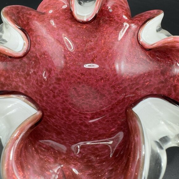 Venetian Murano Glass Folded Edges Ashtray Dish Bowl White Magenta Center Italy - Picture 7 of 16